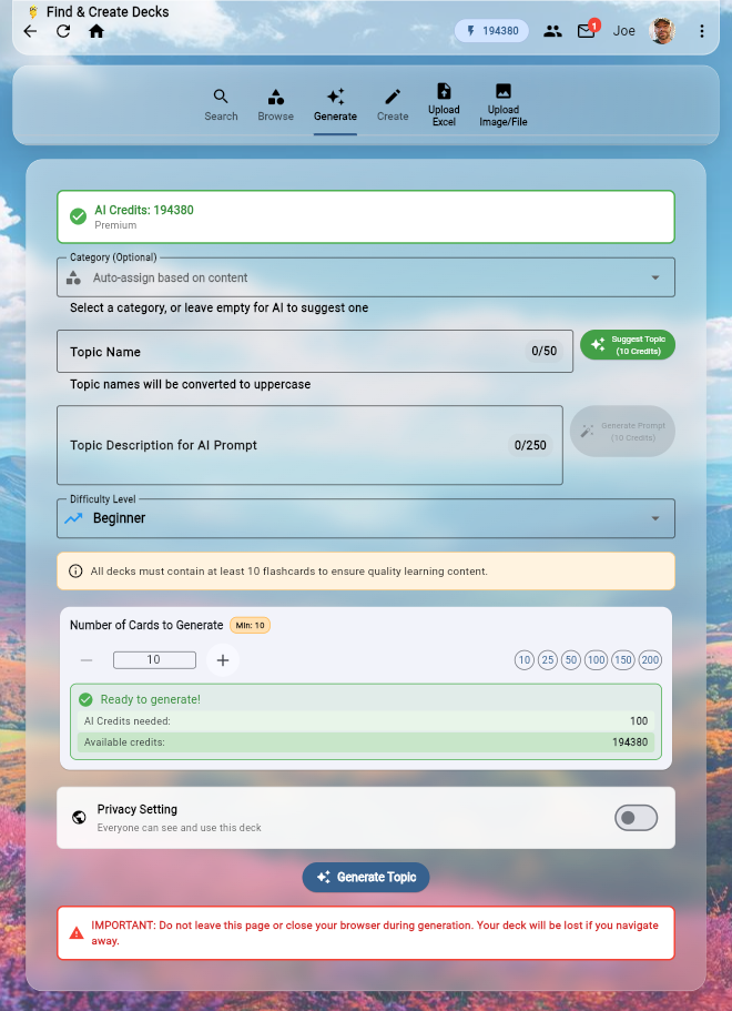 AI deck generation screen with topic input and difficulty selection