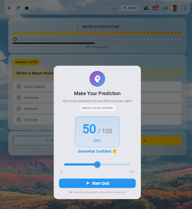 Multiple choice quiz with prediction feature and progress tracking